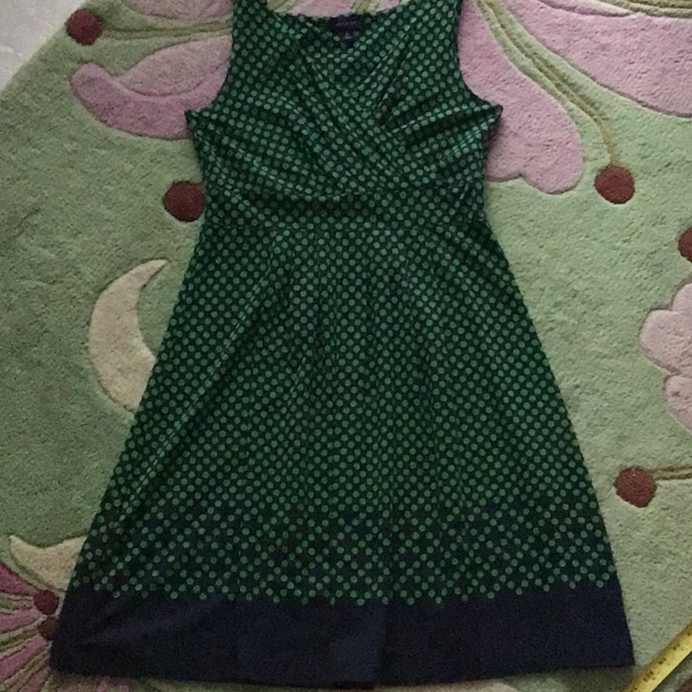 Lands’ End mock wrap (top) navy with Kelly green polka dots dress